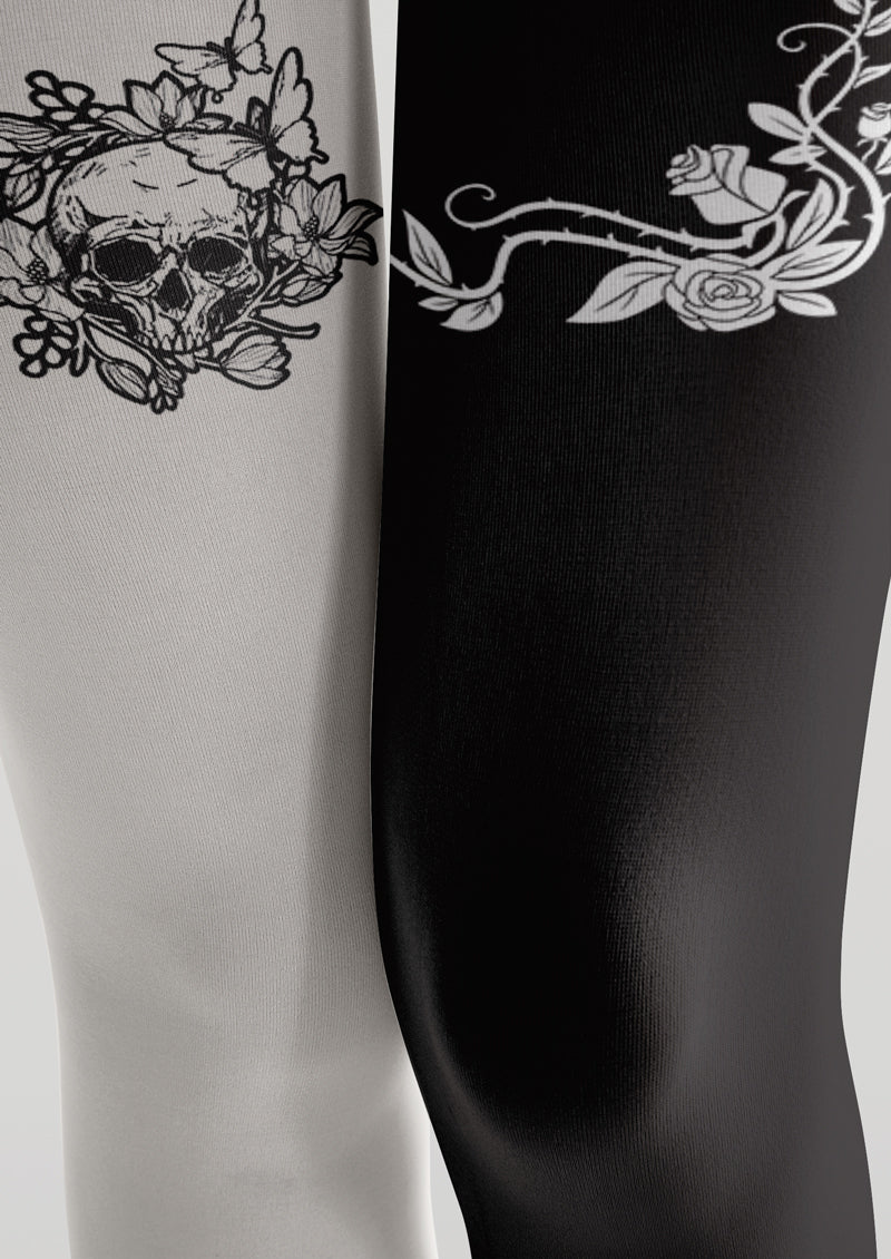 Skull Rose Color Block Printed Tights Hosiery Pantyhose