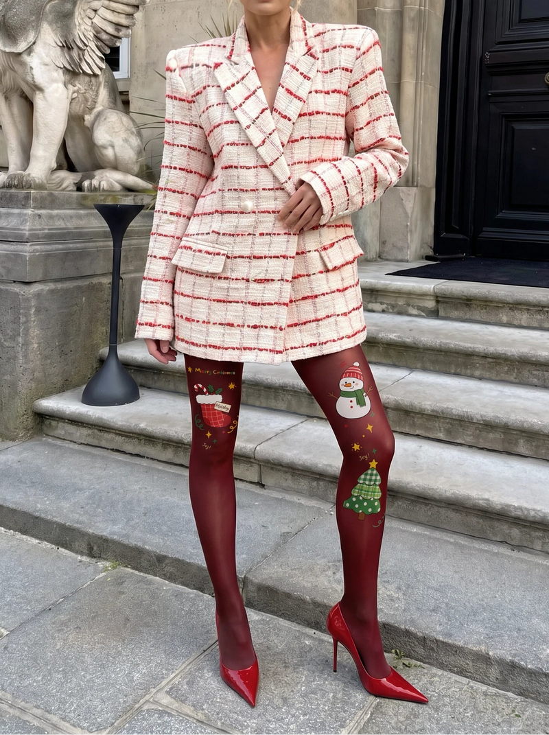 Burgundy Snowman and Tree Tights