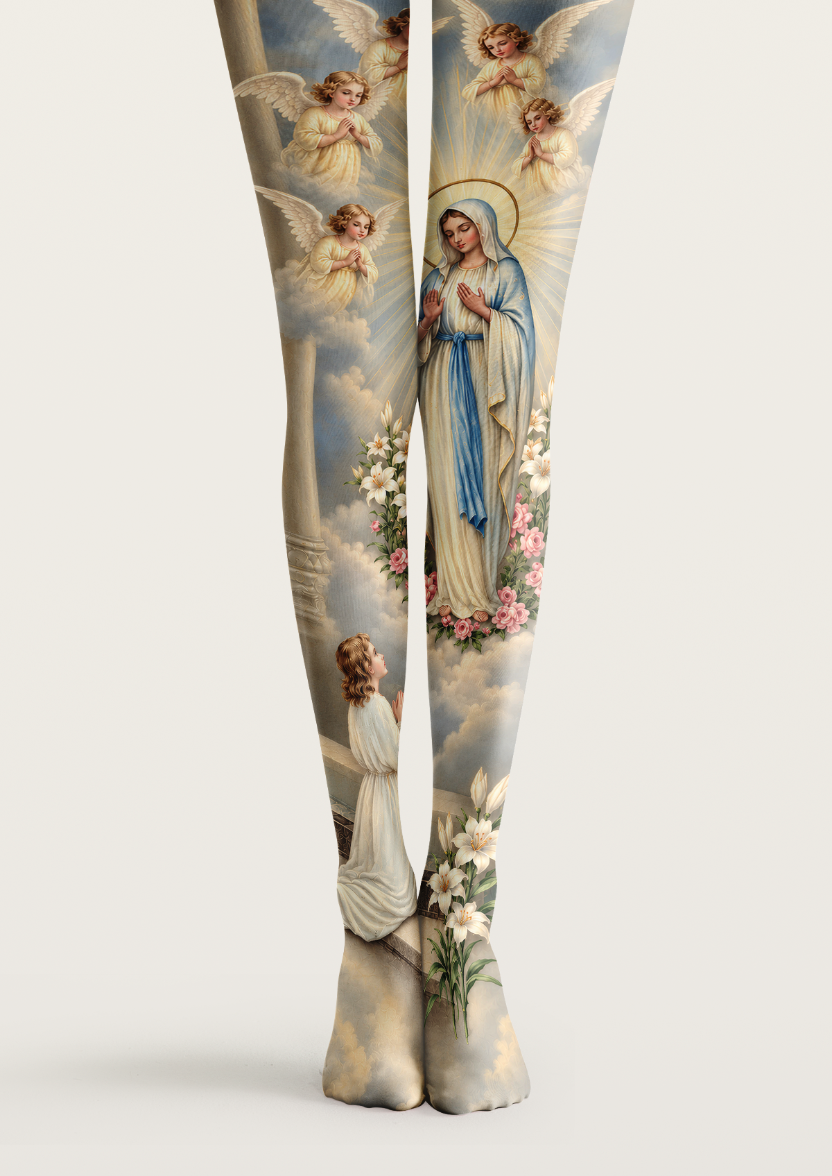Beige and blue printed tights with the Virgin Mary, winged angels, a praying figure, lilies, and pink roses