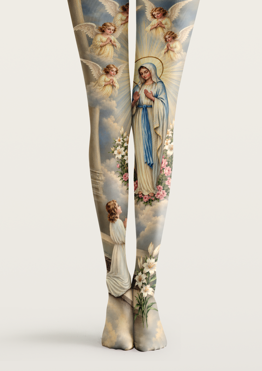 Beige and blue printed tights with the Virgin Mary, winged angels, a praying figure, lilies, and pink roses