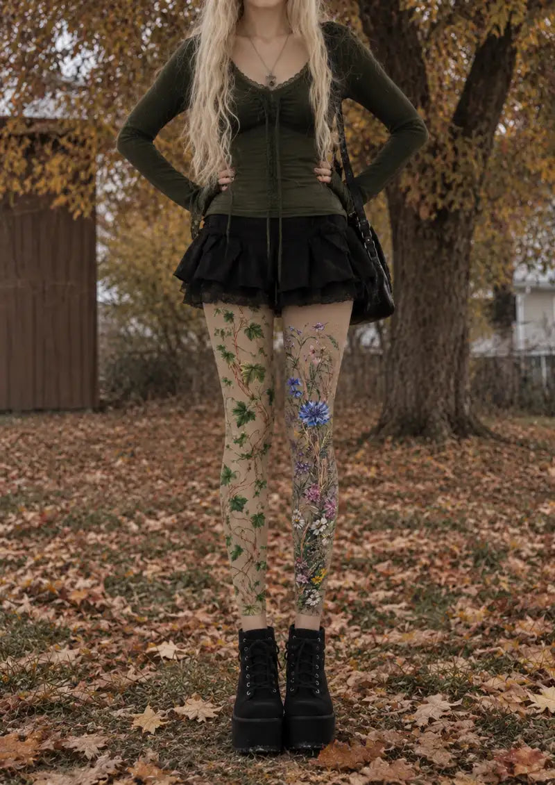 Beige Botanical Floral Footless Tights