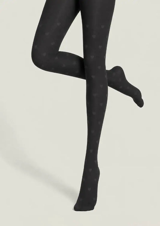 Black printed tights with subtle tonal heart motifs repeated evenly across the legs