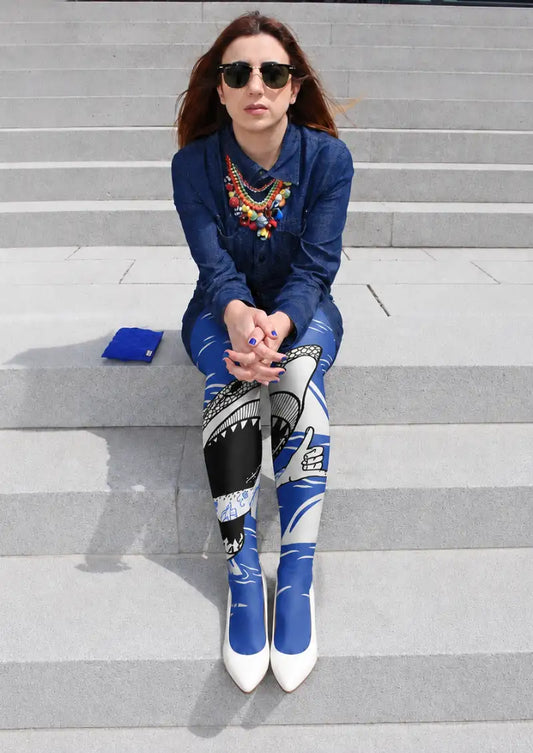 Model wearing Blue Shark Ocean Graphic Tights in a styled outfit