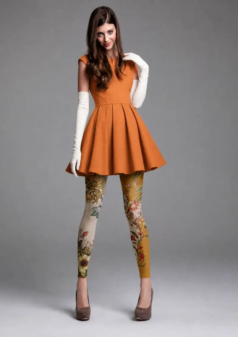 Golden Botanical Floral Footless Tights Hosiery Leggings