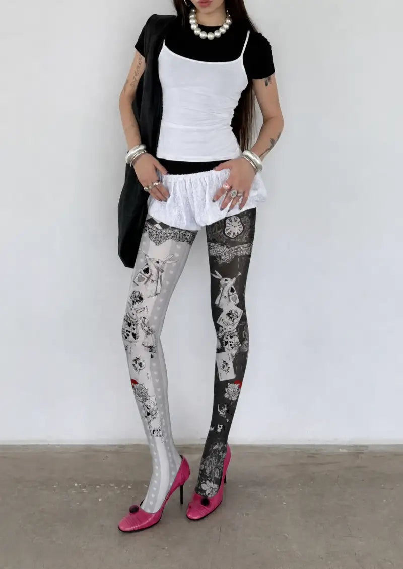 Wonderland Rabbit Clock Graphic Tights Hosiery Pantyhose