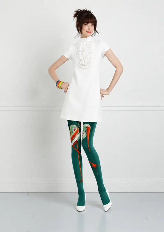 Emerald Ribbon Crane Graphic Tights Hosiery Pantyhose