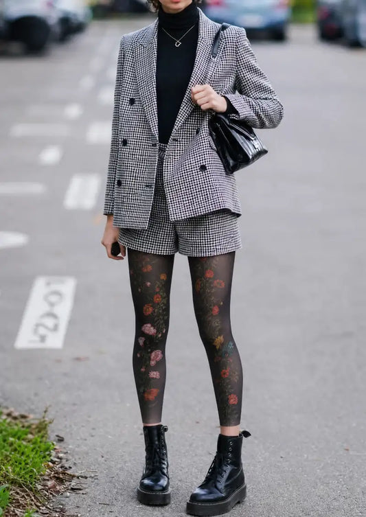 Dark Floral Vine Footless Tights Hosiery Leggings