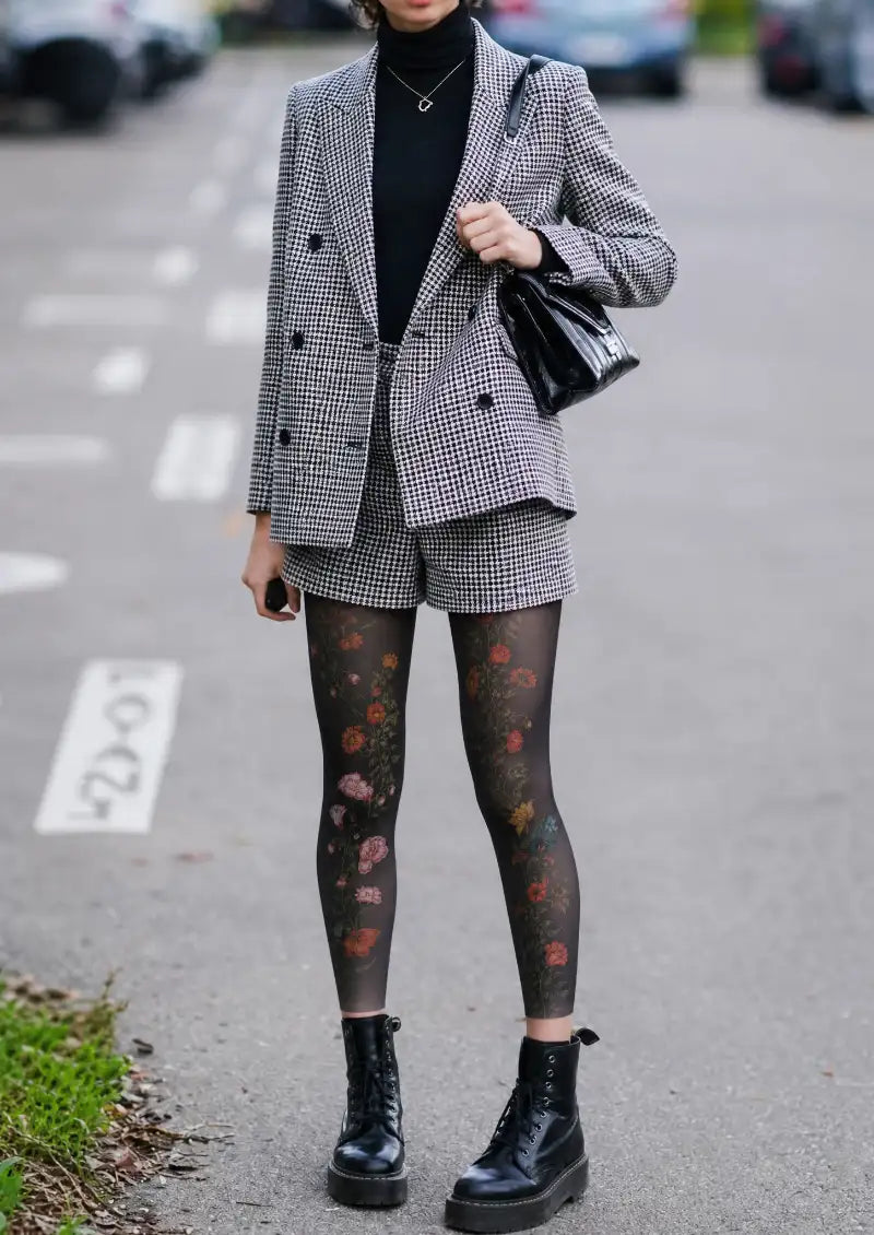 Dark Floral Vine Footless Tights Hosiery Leggings