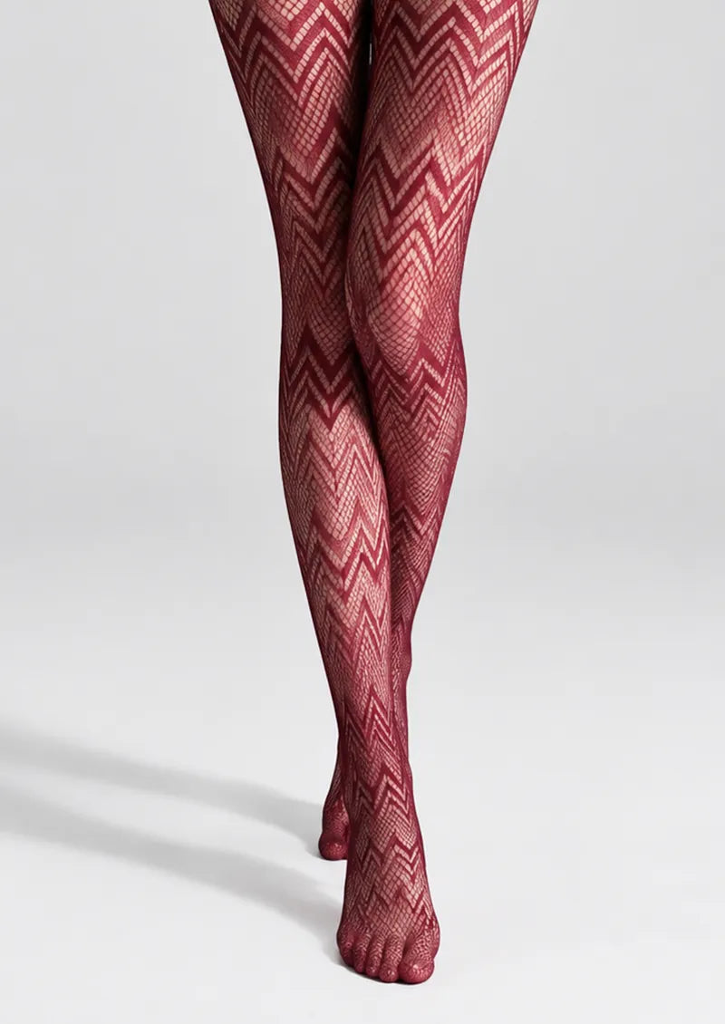 Printed tights with lace jacquard fishnet zigzag pattern in black and red variants
