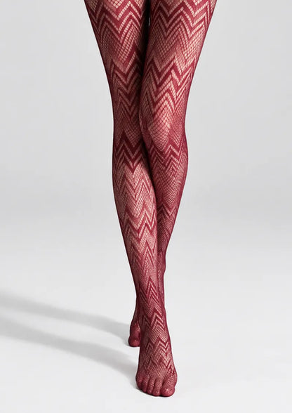 Printed tights with lace jacquard fishnet zigzag pattern in black and red variants