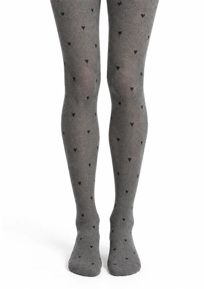 Gray printed tights with evenly scattered small black heart motifs across the legs