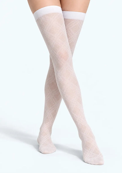White printed knee stockings with overlapping diagonal lines forming a diamond lattice and wide white top bands.