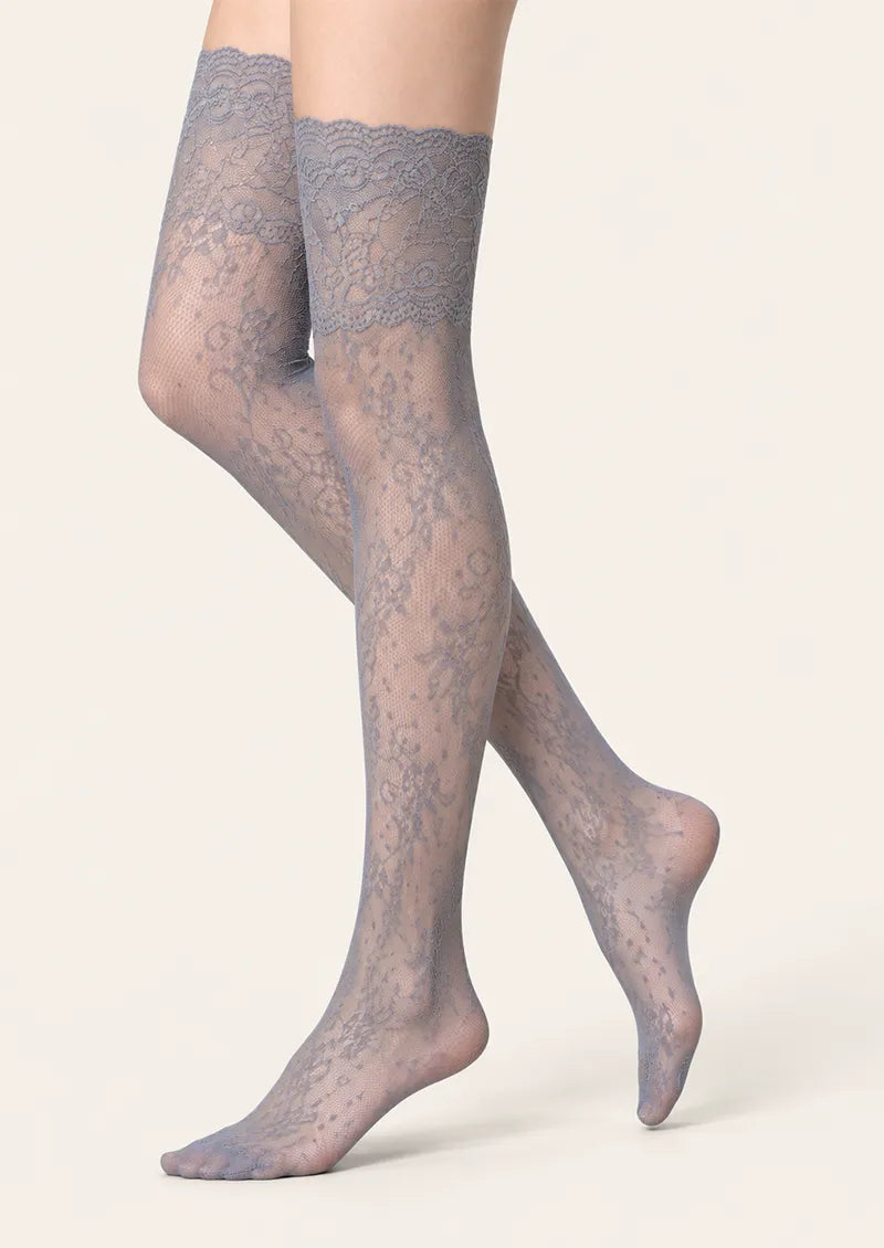 Gray Jacquard Floral Lace Knee Stockings
