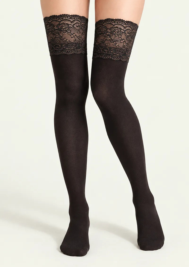 Black printed knee stockings with a wide scalloped floral lace band above the knee and solid black legs.