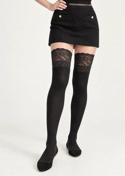 Black Floral Lace Top Knee Stockings
