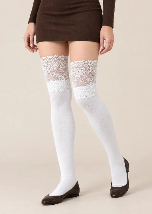 White Floral Lace Top Knee Stockings