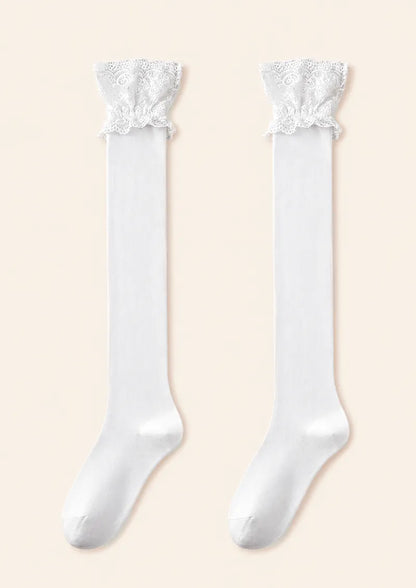 White Floral Lace Top Knee Stockings