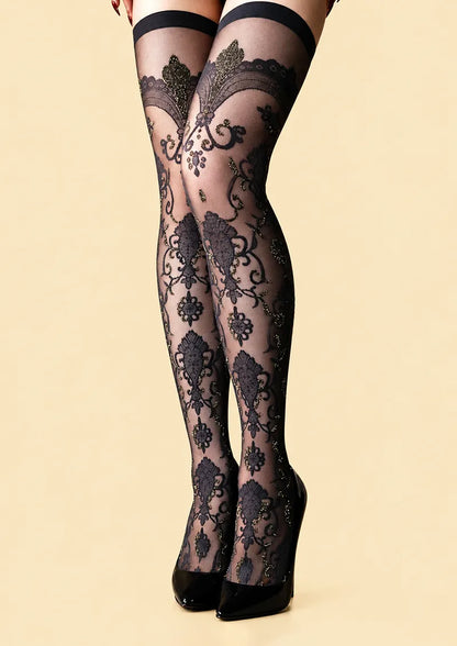 Gray Openwork Floral Jacquard Knee Stockings