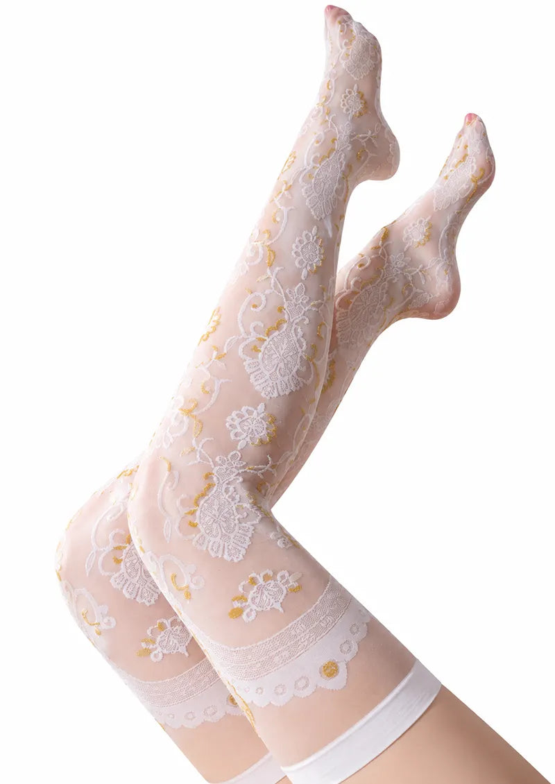 White Openwork Floral Jacquard Knee Stockings
