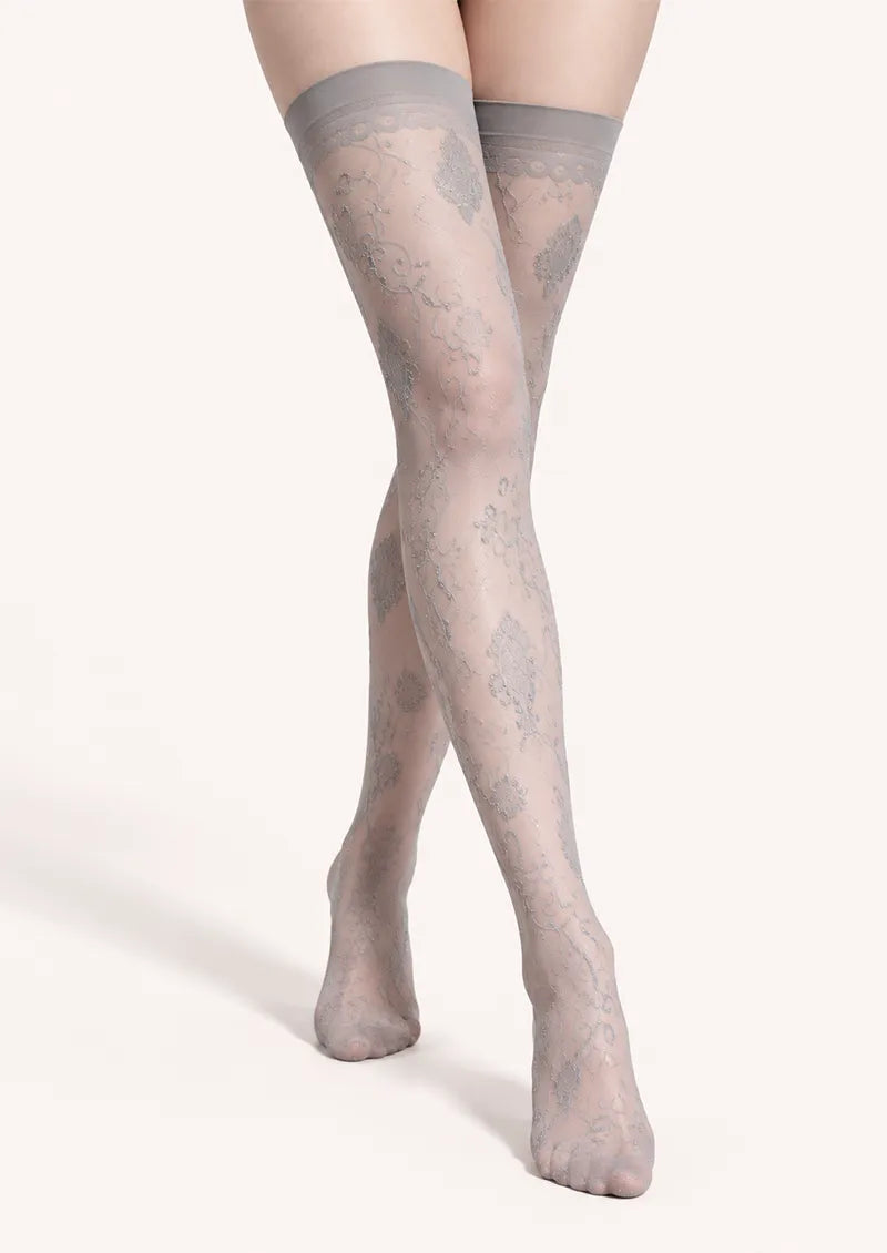 Gray printed knee stockings with openwork floral motifs, scrolling vine details, and tonal decorative borders.