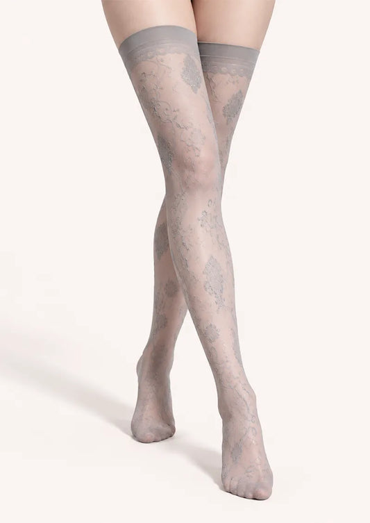 Gray printed knee stockings with openwork floral motifs, scrolling vine details, and tonal decorative borders.