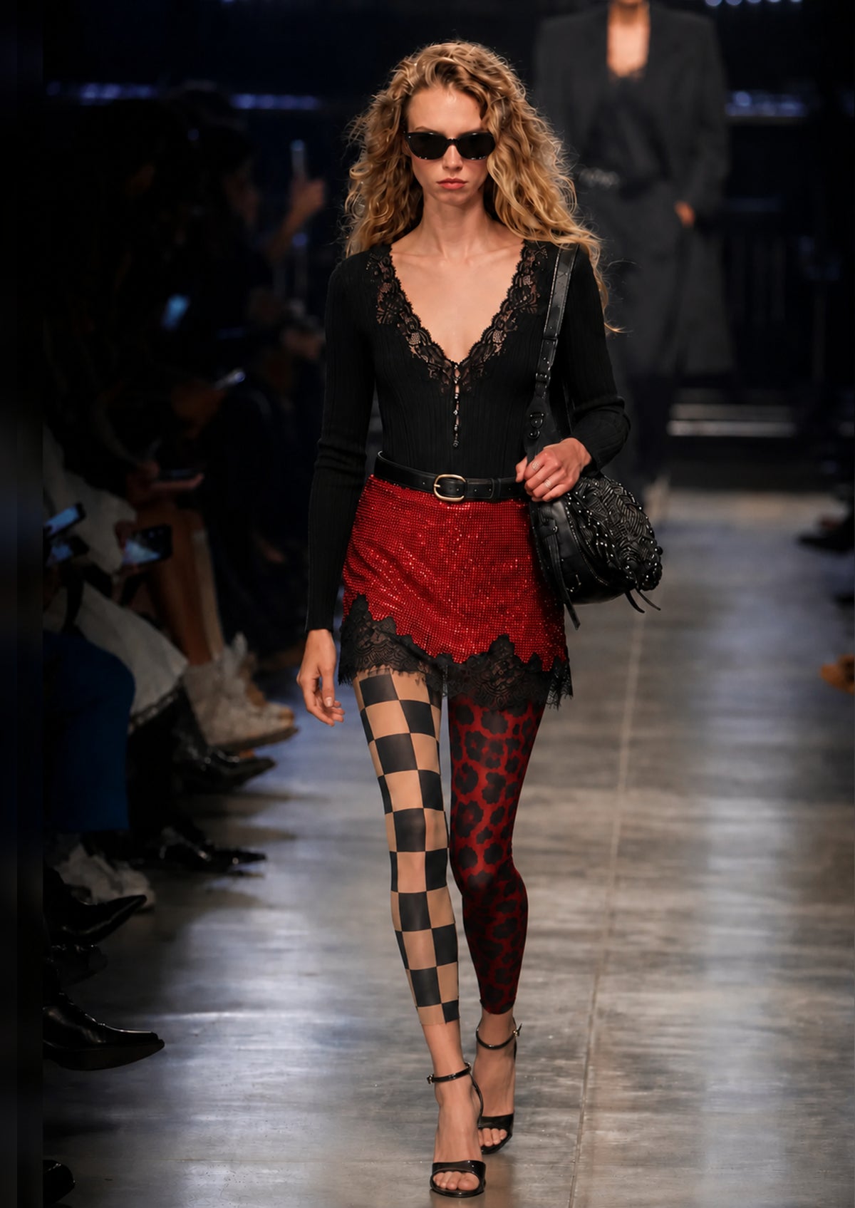 Checkered Leopard Footless Tights Hosiery Leggings