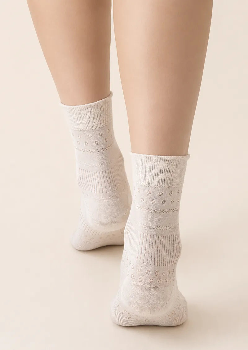 Ivory Pointelle Ribbed Knit Ankle Socks