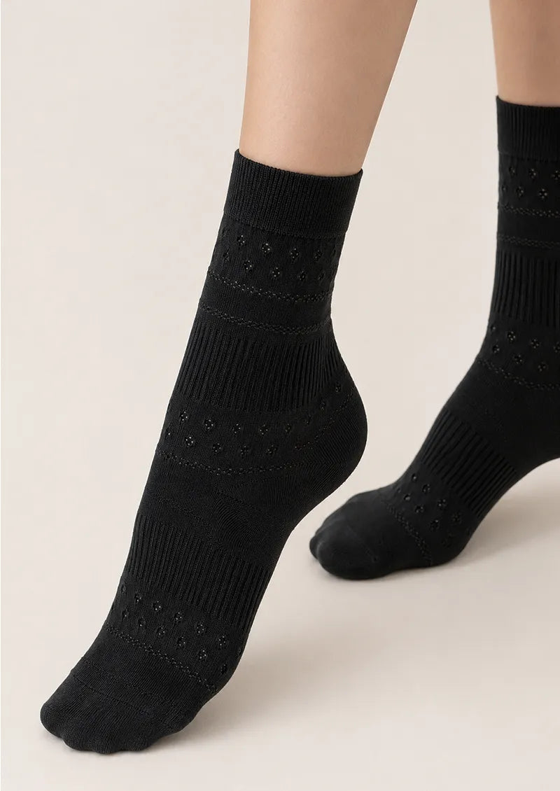 Black Pointelle Ribbed Knit Ankle Socks