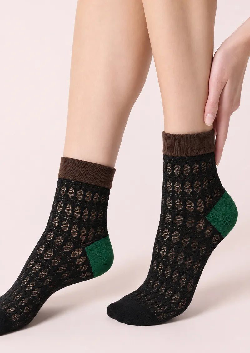 Black Leaf Openwork Colorblock Ankle Socks