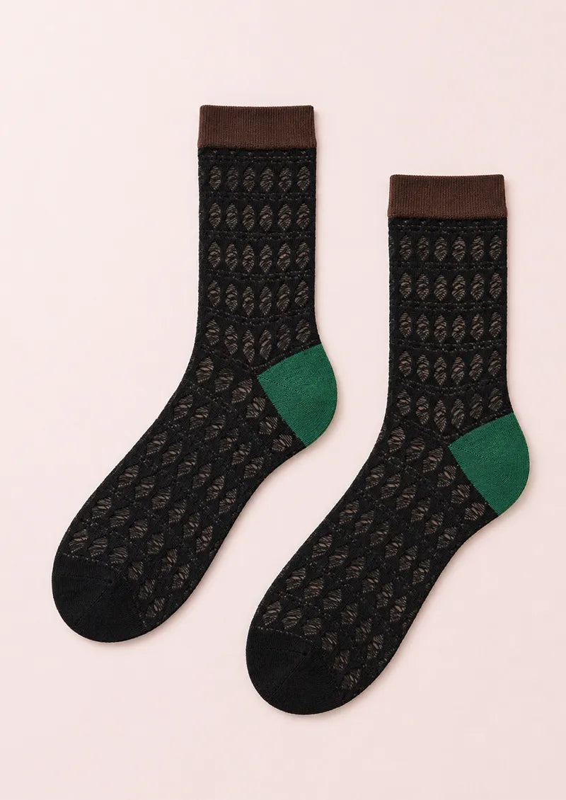 Black Leaf Openwork Colorblock Ankle Socks
