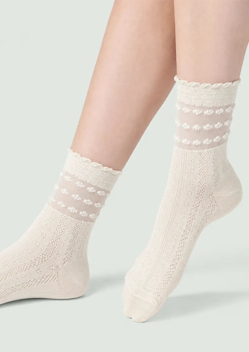 Ivory Floral Pointelle Ruffle Cuff Ankle Socks
