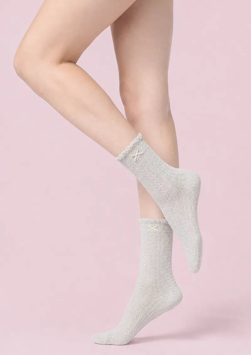Soft Gray Bow Pointelle Ruffle Cuff Ankle Socks