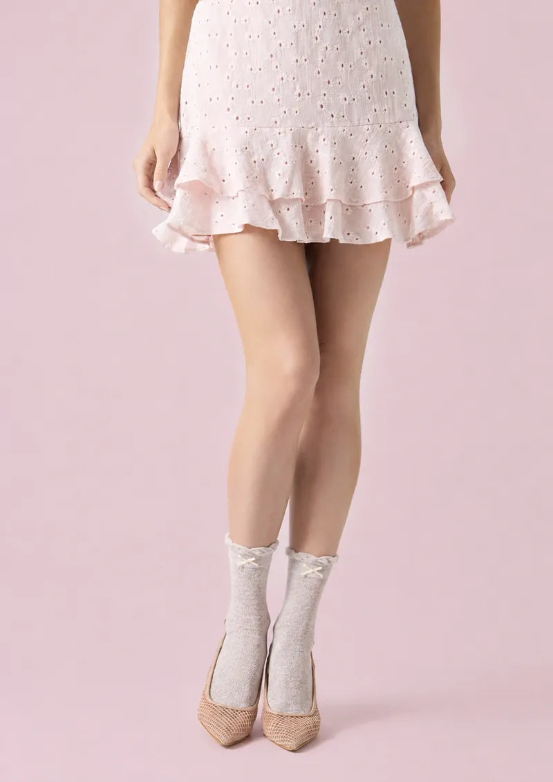 Soft Gray Bow Pointelle Ruffle Cuff Ankle Socks