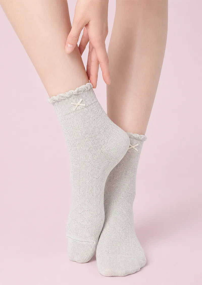 Soft Gray Bow Pointelle Ruffle Cuff Ankle Socks