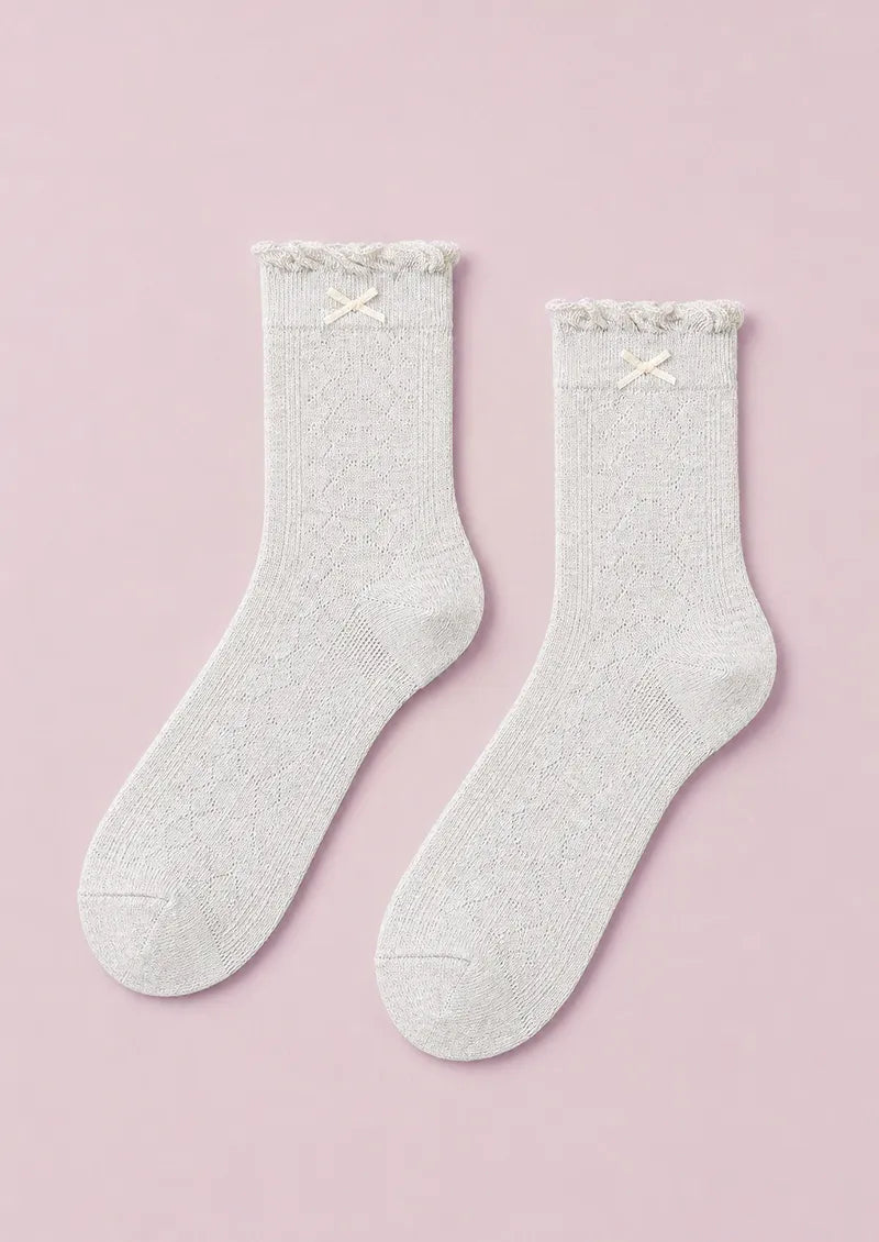 Soft Gray Bow Pointelle Ruffle Cuff Ankle Socks