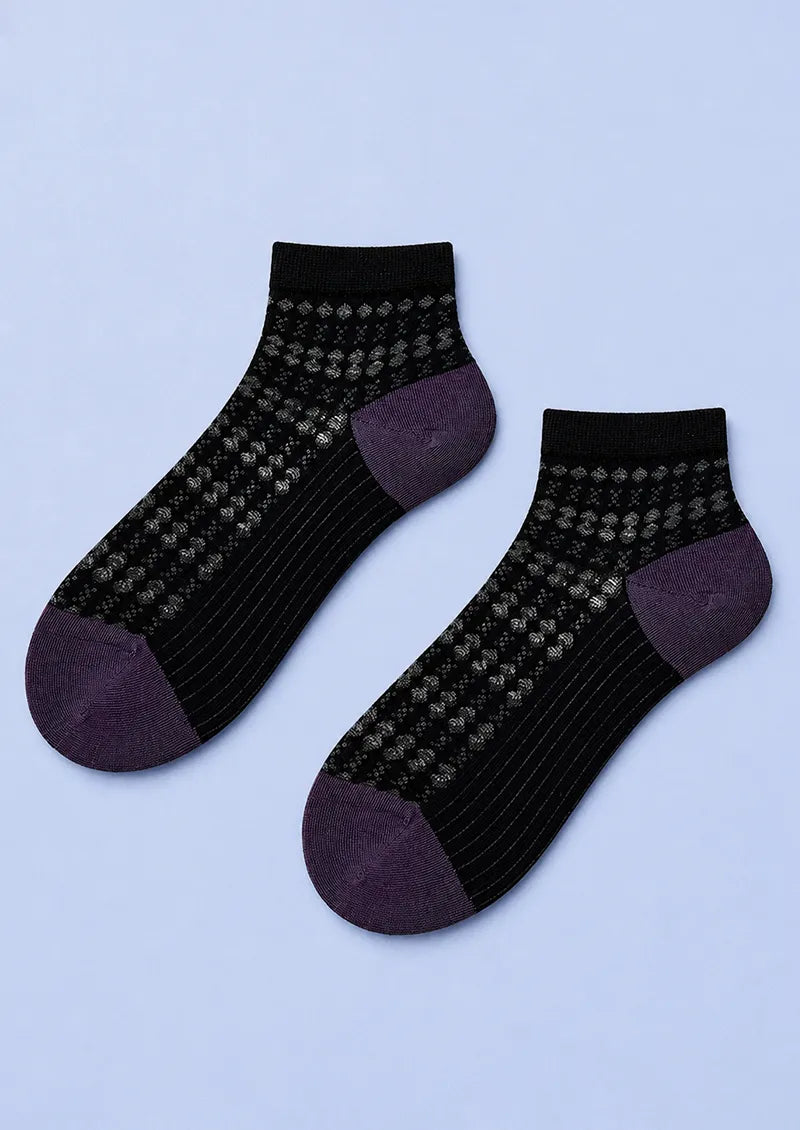 Black Floral Openwork Colorblock Ankle Socks