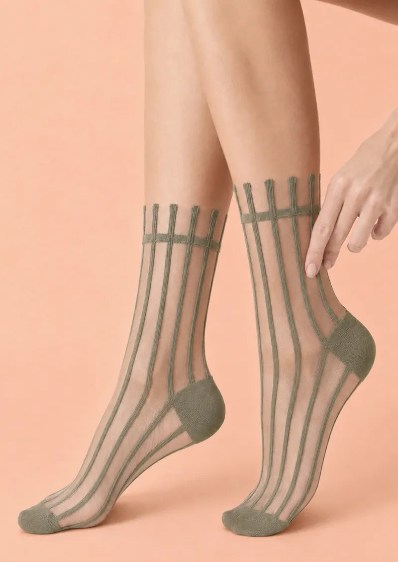 Olive Sheer Vertical Stripe Short socks