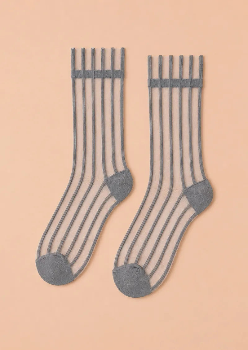 Gray Sheer Vertical Stripe Short socks