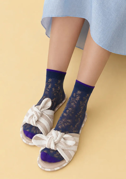 Navy Botanical Openwork Colorblock Short socks