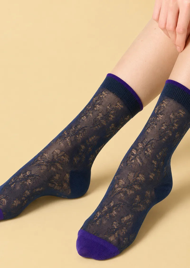 Navy Botanical Openwork Colorblock Short socks