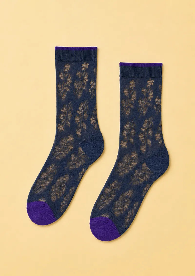 Navy Botanical Openwork Colorblock Short socks