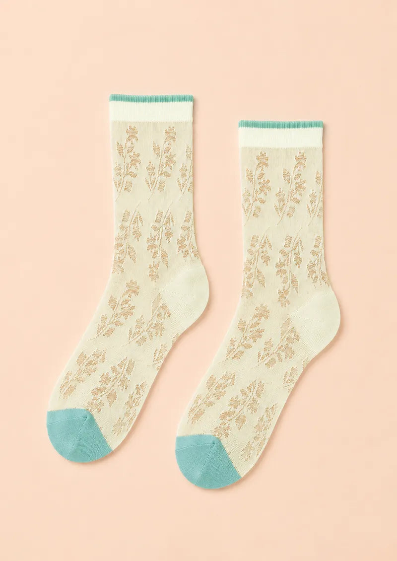 Cream Botanical Openwork Colorblock Short socks