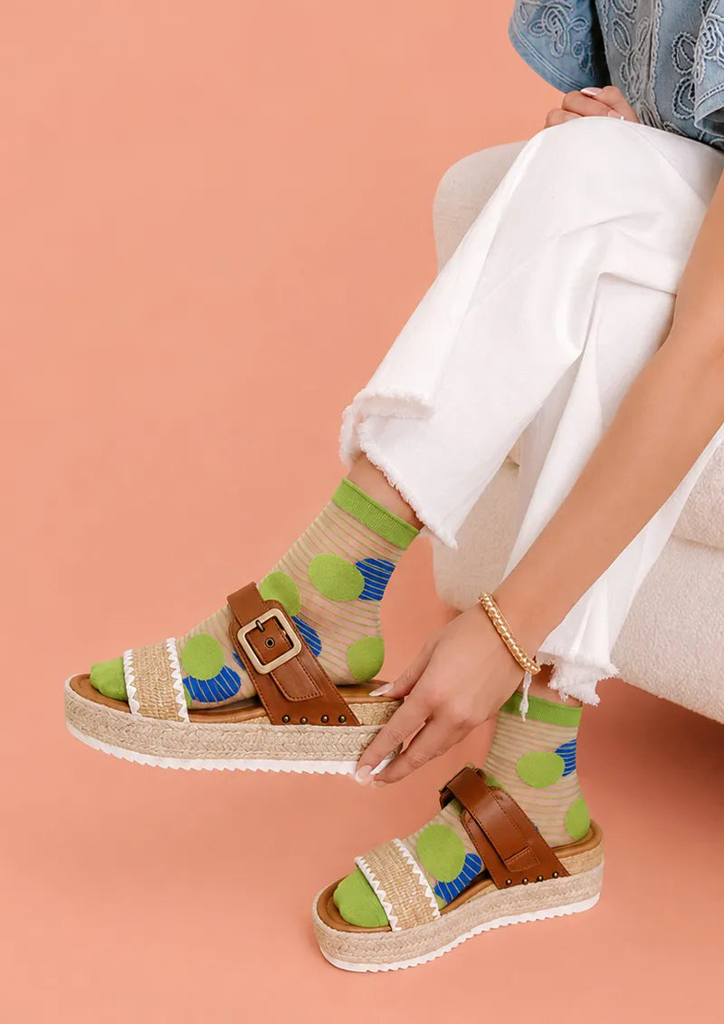 Lime Abstract Circle Jacquard Knit Short Socks