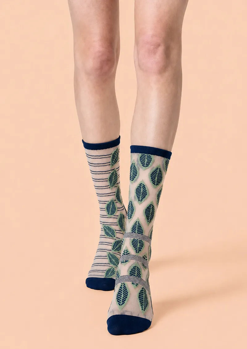 Navy Leaf Stripe Jacquard Knit Short Socks