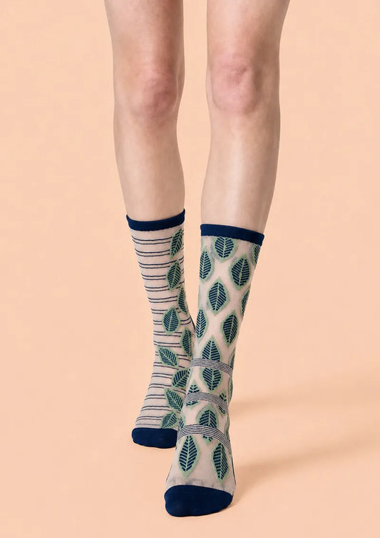 Navy Leaf Stripe Jacquard Knit Short Socks