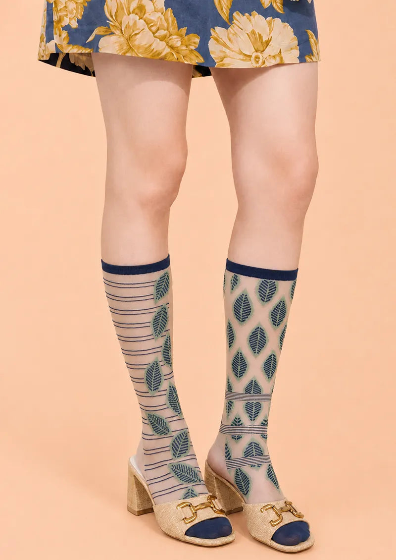 Navy Leaf Stripe Jacquard Knit Short Socks