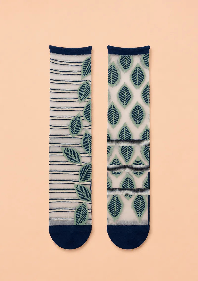Navy Leaf Stripe Jacquard Knit Short Socks