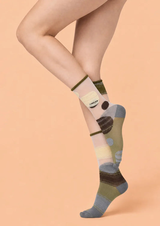 Olive Abstract Circle Jacquard Knit Short Socks