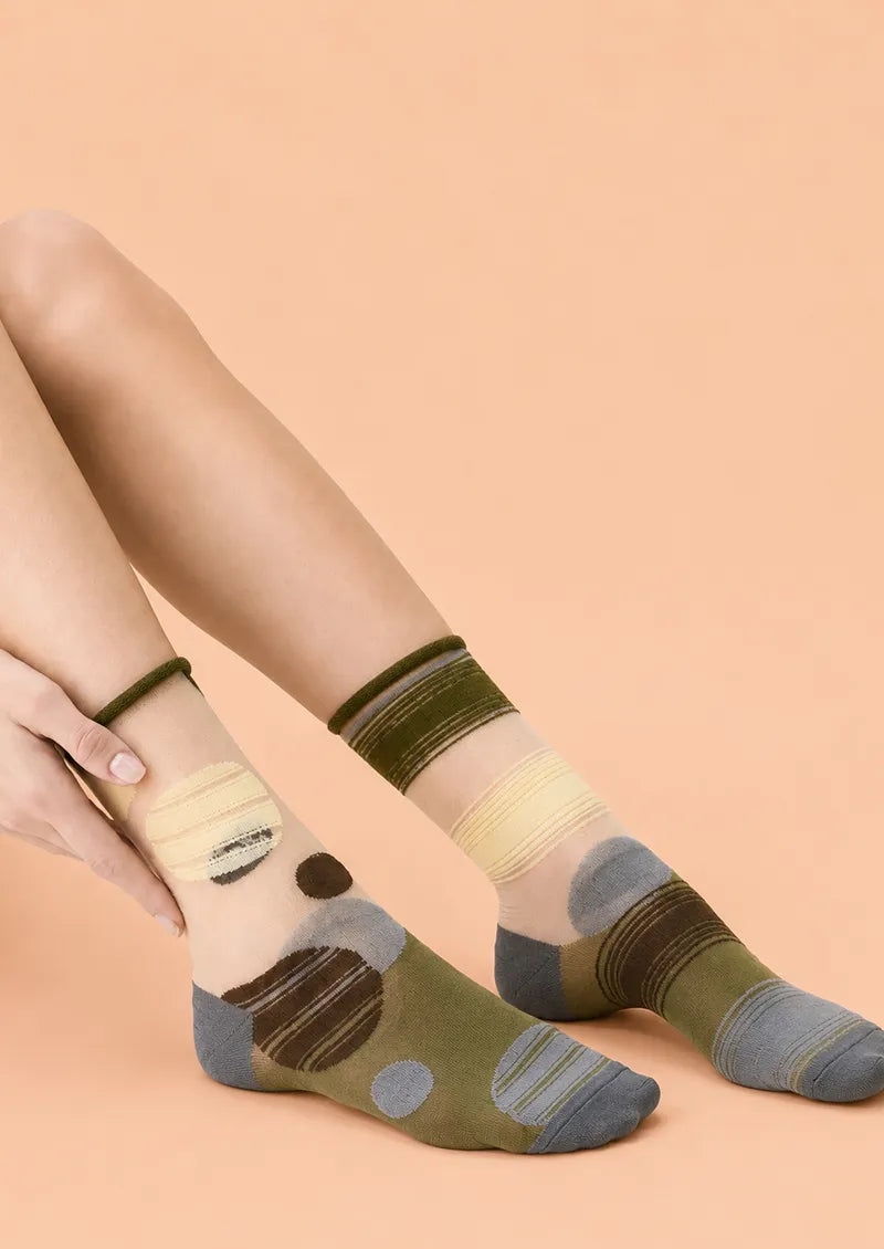 Olive Abstract Circle Jacquard Knit Short Socks
