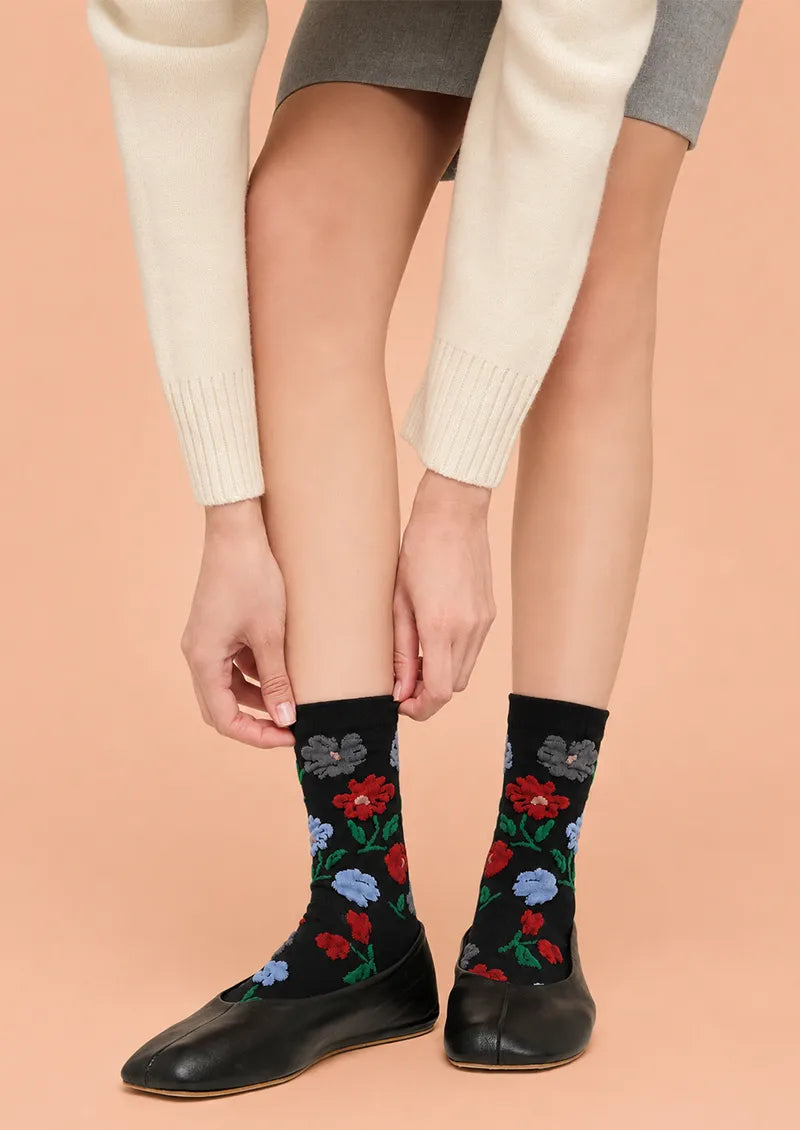 Black Garden Floral Crew Socks